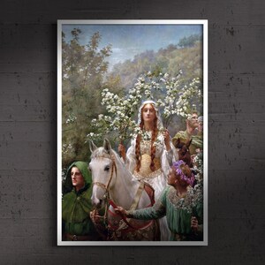 Drottning Guinevres majstavelse (John Collier), Medeltida konst, Kungliga porträtt, Historisk dekor, Konsttryck, Arthuriansk konst, Medeltida dekor White frame