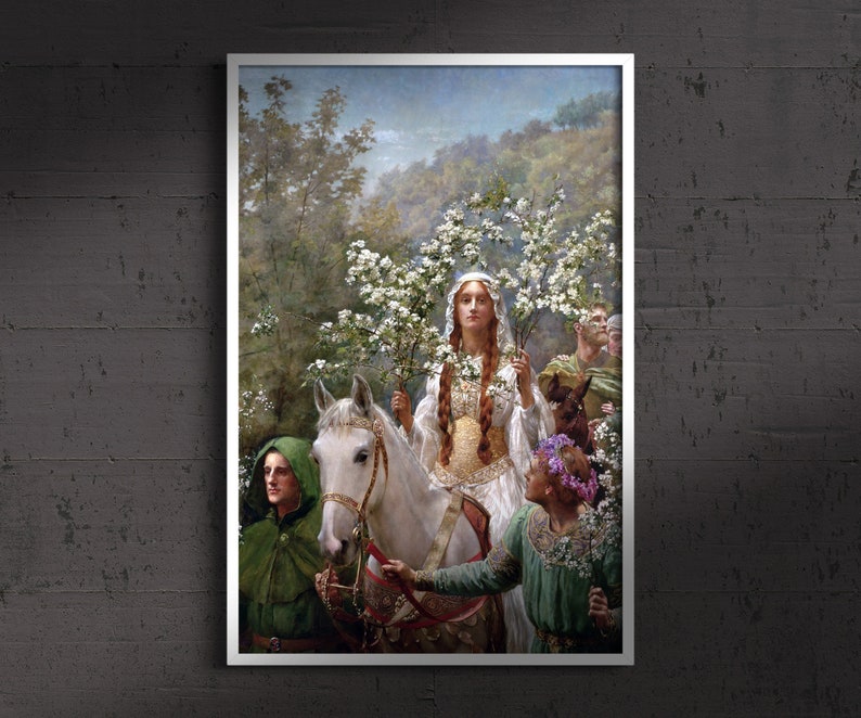 Drottning Guinevres majstavelse (John Collier), Medeltida konst, Kungliga porträtt, Historisk dekor, Konsttryck, Arthuriansk konst, Medeltida dekor White frame