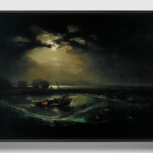 K&ouml;nnte beinhalten: Ein Gem&auml;lde, das eine st&uuml;rmische Meereslandschaft bei Nacht mit einem kleinen Boot und mehreren Figuren im Vordergrund zeigt. Der Mond ist durch die dunklen Wolken sichtbar und wirft einen sanften Schein auf das Wasser.