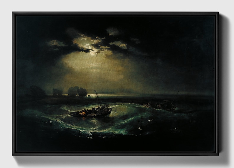 K&ouml;nnte beinhalten: Ein Gem&auml;lde, das eine st&uuml;rmische Meereslandschaft bei Nacht mit einem kleinen Boot und mehreren Figuren im Vordergrund zeigt. Der Mond ist durch die dunklen Wolken sichtbar und wirft einen sanften Schein auf das Wasser.