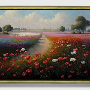 Blooming Fields, Framed original landscape Oil Painting Print on Canvas in Floating Frame