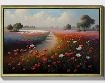 Blooming Fields, Framed original landscape Oil Painting Print on Canvas in Floating Frame