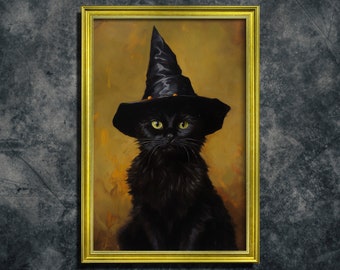 Cat wearing black witch hat, Original Art Poster, Art Poster Print, Dark Academia, Gothic Victorian, Gothic Home Decor, Wicca, Witchcraft