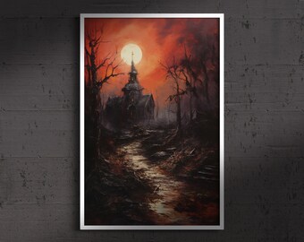Igreja na floresta assombrada, impressão artística em estilo de pintura a óleo, academia escura, floresta assombrada, decoração de casa gótica, arte de bruxaria, cottagecore