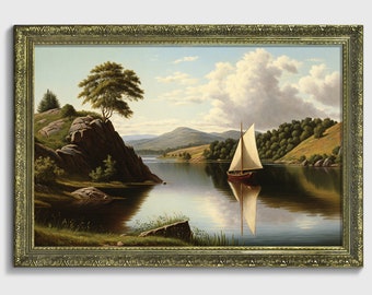 Lago con barco, impresión de bellas artes original enmarcada adornada en marco de oro o bronce vintage, decoración de pared, arte clásico, impresión de arte de pared