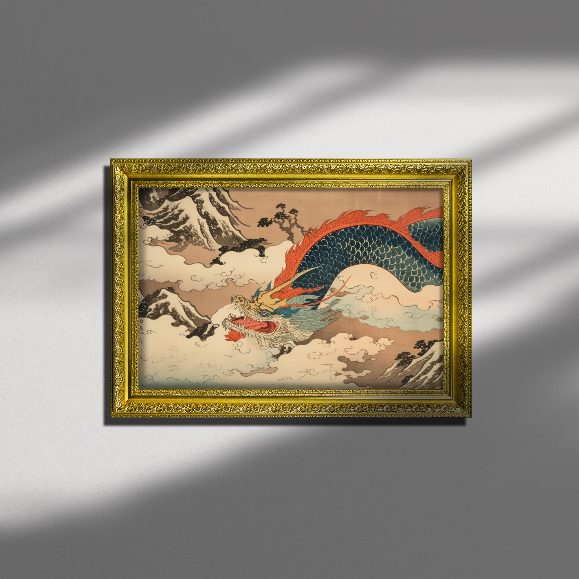 Dragon Soaring the Sky, Woodblock Style Print on Canvas or Fine