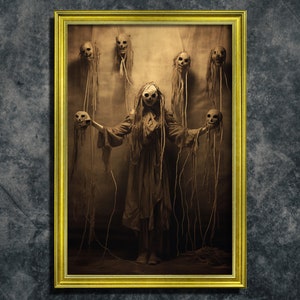 Spettacolo di marionette della morte, stampa di poster in stile artistico fotografico vintage, Accademia oscura, decorazioni per la casa gotiche, poster occulto gotico, clown inquietante
