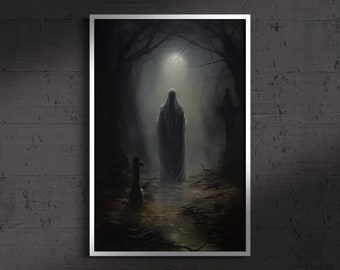 Cementerio olvidado, Impresión de pintura al óleo sobre papel de bellas artes, Academia oscura, Arte fantasma, Decoración gótica del hogar, Arte de Halloween, Victoriano gótico