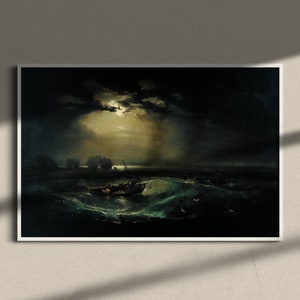 Pode incluir: Uma pintura que retrata uma paisagem mar&iacute;tima tempestuosa &agrave; noite com uma lua cheia brilhando atrav&eacute;s de nuvens escuras. Um pequeno barco com v&aacute;rias figuras &eacute; sacudido pelas ondas. A pintura &eacute; escura e melanc&oacute;lica, com uma sensa&ccedil;&atilde;o de perigo e drama.