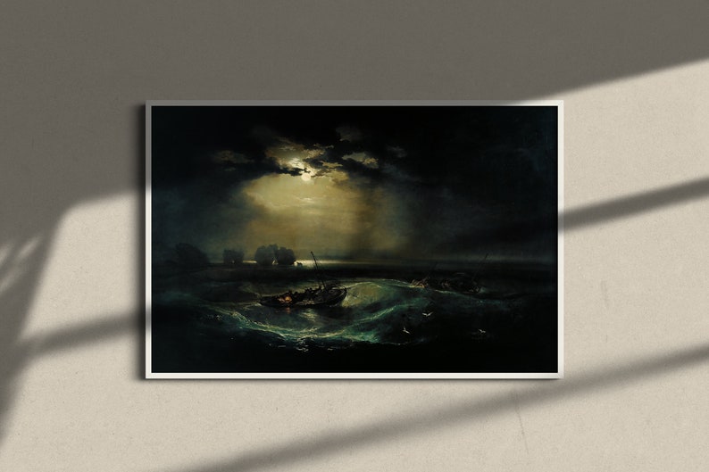 Pode incluir: Uma pintura que retrata uma paisagem mar&iacute;tima tempestuosa &agrave; noite com uma lua cheia brilhando atrav&eacute;s de nuvens escuras. Um pequeno barco com v&aacute;rias figuras &eacute; sacudido pelas ondas. A pintura &eacute; escura e melanc&oacute;lica, com uma sensa&ccedil;&atilde;o de perigo e drama.