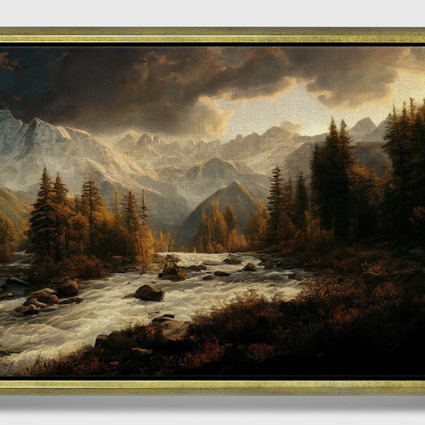 Uitdagende schaduw, ingelijst origineel landschap olieverfschilderij print op canvas in decoratieve zwevende gouden lijst