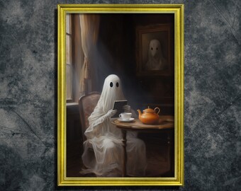 L'ora del caffè con un fantasma, stampa d'arte vintage, stampa di poster artistici, mondo accademico oscuro, arte dei fantasmi, arredamento stregato, arredamento gotico per la casa, Cottagecore