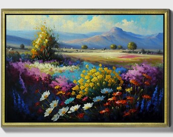 Wild garden, Framed original landscape Oil Painting Print on Canvas in Floating Frame