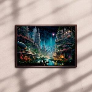 May include: A framed painting of a futuristic city with tall buildings covered in greenery and a river flowing through the center. The city is lit up with neon lights and stars are visible in the night sky.