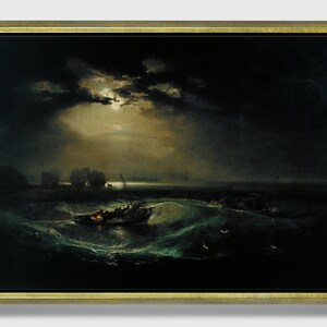 K&ouml;nnte beinhalten: Ein Gem&auml;lde, das eine st&uuml;rmische Meereslandschaft bei Nacht mit einem einzelnen Boot und mehreren Figuren im Vordergrund zeigt. Der Mond ist durch die Wolken sichtbar und wirft einen sanften Schein auf das Wasser. Das Gem&auml;lde ist in einem goldenen Rahmen gerahmt.