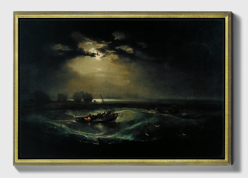 K&ouml;nnte beinhalten: Ein Gem&auml;lde, das eine st&uuml;rmische Meereslandschaft bei Nacht mit einem einzelnen Boot und mehreren Figuren im Vordergrund zeigt. Der Mond ist durch die Wolken sichtbar und wirft einen sanften Schein auf das Wasser. Das Gem&auml;lde ist in einem goldenen Rahmen gerahmt.