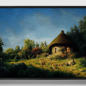 Shepherd&#39;s hut, Framed original landscape Oil Painting Print on Canvas in Decorative Floating Frame
