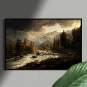 Puede incluir: Una pintura de paisaje que representa un r&iacute;o que fluye a trav&eacute;s de un valle rodeado de monta&ntilde;as cubiertas de nieve y &aacute;rboles verdes exuberantes. El cielo est&aacute; cubierto de nubes dram&aacute;ticas, creando una sensaci&oacute;n de profundidad y misterio.