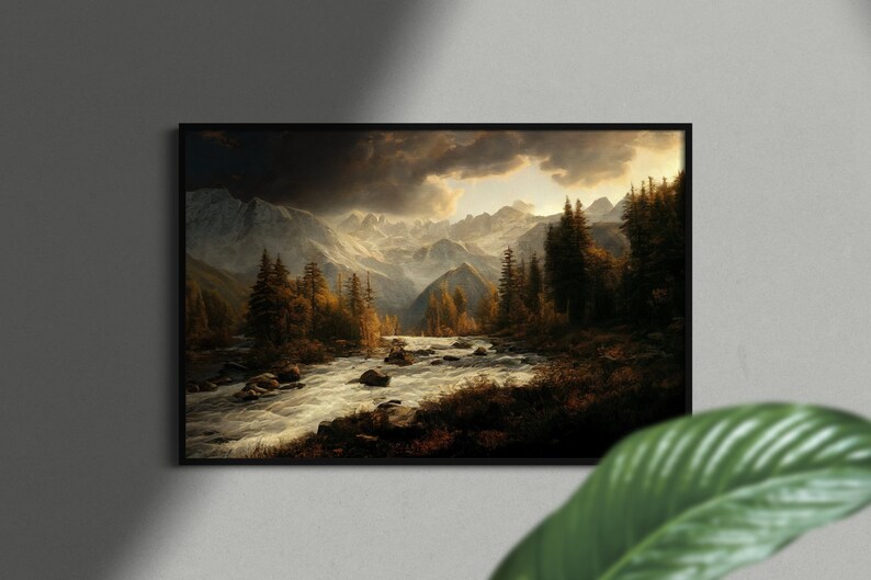 Puede incluir: Una pintura de paisaje que representa un r&iacute;o que fluye a trav&eacute;s de un valle rodeado de monta&ntilde;as cubiertas de nieve y &aacute;rboles verdes exuberantes. El cielo est&aacute; cubierto de nubes dram&aacute;ticas, creando una sensaci&oacute;n de profundidad y misterio.