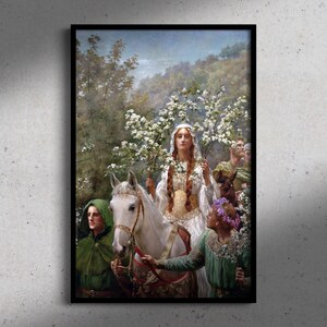 Drottning Guinevres majstavelse (John Collier), Medeltida konst, Kungliga porträtt, Historisk dekor, Konsttryck, Arthuriansk konst, Medeltida dekor Black frame