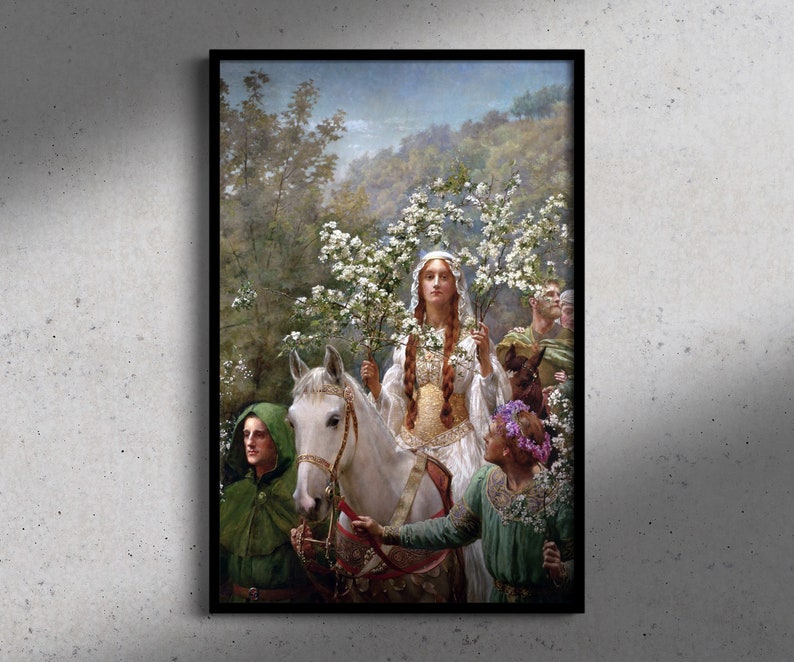 Drottning Guinevres majstavelse (John Collier), Medeltida konst, Kungliga porträtt, Historisk dekor, Konsttryck, Arthuriansk konst, Medeltida dekor Black frame