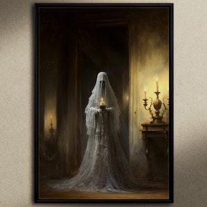 The Widow, olieverfschilderijstijl Art Print op canvas, Dark Academia, Ghost Art, Gothic Home Decor, Halloween-kunst, Victoriaans gotisch