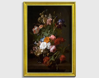 Vase with Flowers by Rachel Ruysch, Botanical Decor, Still Life Painting, Floral art, Oil painting print on fine art paper, Flower bouquet