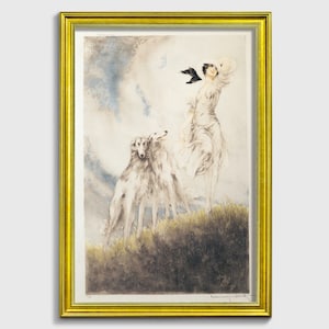 Joy of Life by Louis Icart 1929 - Fine Art Paper Wall Art, Glamorous brunette, Drypoint Etching, Greyhound Art, Art Deco Vintage Fine Art