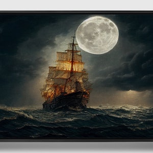 Moon Sailing, Framed original ship Oil Painting Print on Canvas in Floating Frame