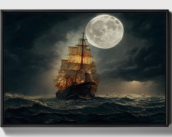 Moon Sailing, Framed original ship Oil Painting Print on Canvas in Floating Frame