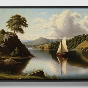 Naviguez dans la sérénité, Reproduction originale encadrée de peinture à l&#39;huile sur toile de paysage dans un cadre flottant | Paysage paisible | Scène de lac tranquille