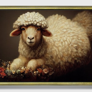 Sheep portrait, Framed original Oil Painting Print on Canvas in Decorative Floating Gold Frame