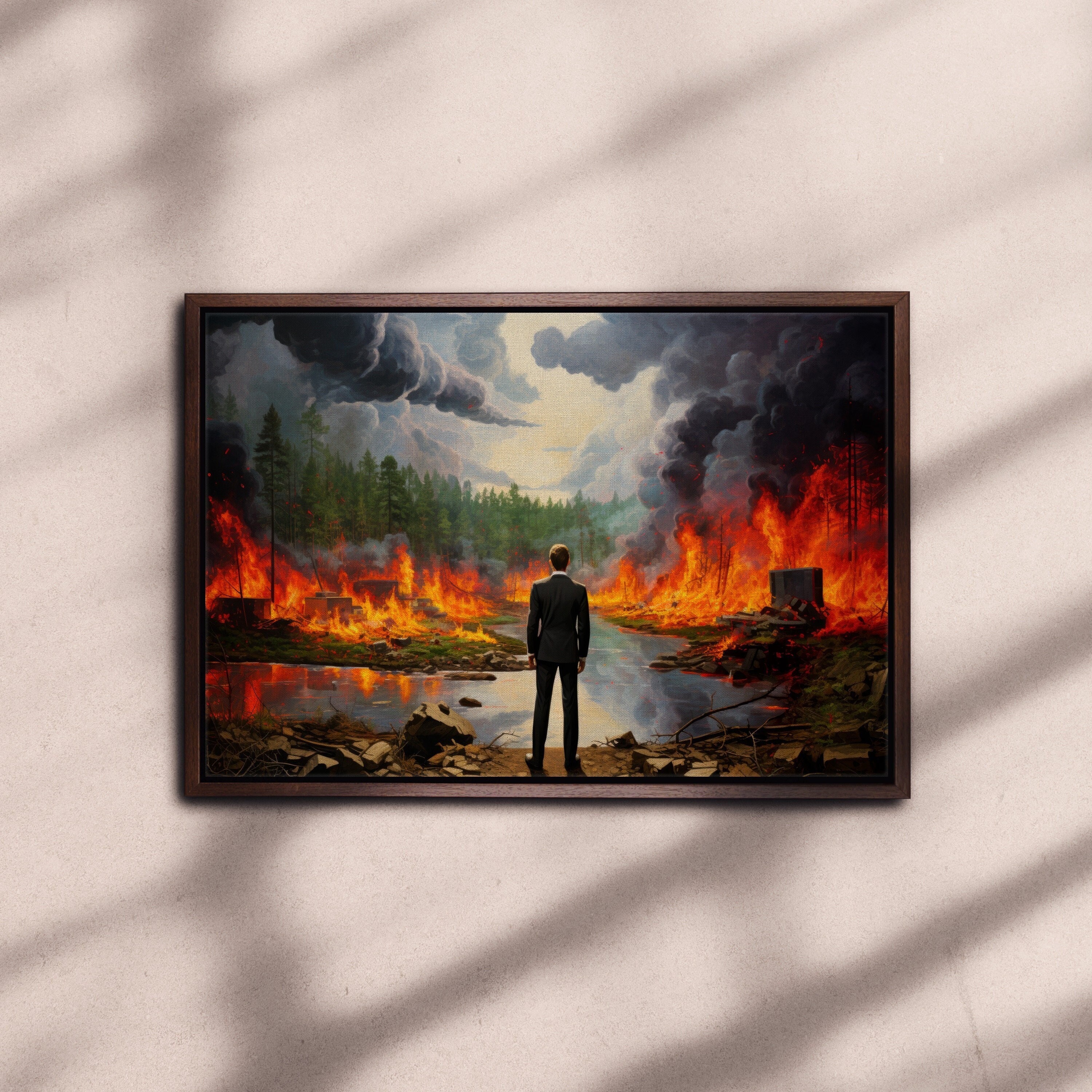 Watch the World Burn, Statement Art, Framed Oil Painting Print on