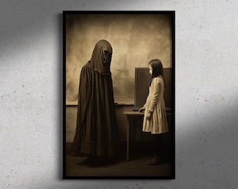 Pode incluir: Uma fotografia sépia de uma pessoa usando uma capa com capuz e uma máscara de caveira em pé em frente a uma menina com um vestido branco. A menina está olhando para a pessoa com a capa.