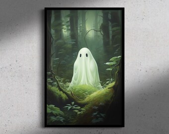 Ghost in green forest, Vintage Poster, Art Poster Print, Dark Academia, Ghost Art, Gothic Victorian, Cottagecore