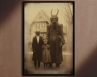 Szczęśliwa rodzina, wydruk w stylu vintage photo art na płótnie, Dark Academia, gotycki wystrój domu, vintage Halloween, gotyckie płótno okultystyczne, czary