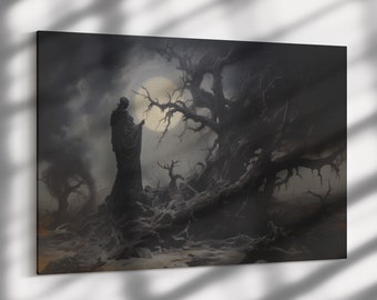 La maldición de la luz de la luna, impresión de arte oscuro sobre lienzo o papel de arte, academia oscura, arte fantasma, decoración gótica del hogar, impresión de Halloween, arte brujo