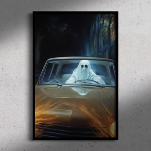 Ghost Driver, Oil Painting Style Fine art Print, Art Poster Print, Dark Academia, Ghost Art, Gothic Home Decor, Halloween art, Ghost car