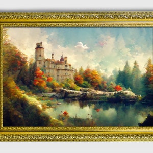 Terra tranquilla, paesaggio originale incorniciato ornato Stampa a olio su carta fine art con cornice decorata in oro o bronzo