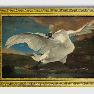 The Threatened Swan, Framed Oil Painting Fine Art Print in Vintage Gold or Bronze Frame, Ready to hang wall decor, Wall Art Print