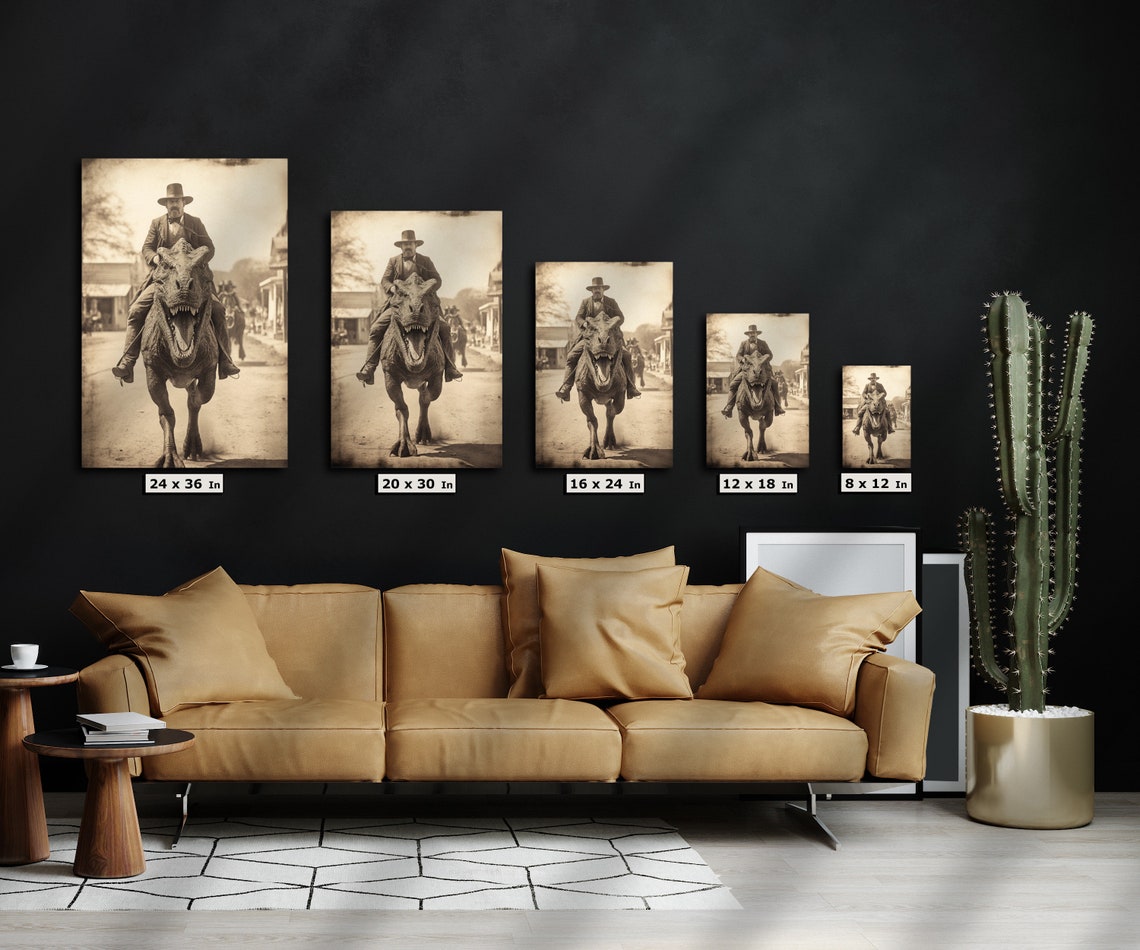 Cowboy Riding T-rex, Vintage Photography Art Style on Canvas, Dark ...