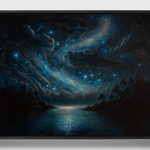 Starry Night Sky Framed Oil Painting Print on Canvas | Unique Vintage Painting | Celestial Wall Art | Framed Canvas Art | Night Sky Print