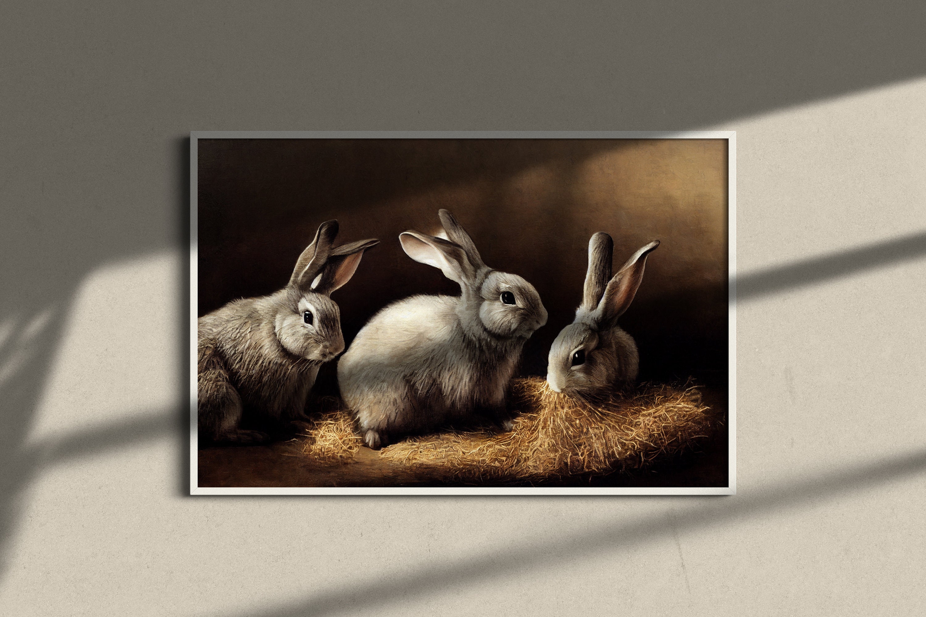 Rabbits in Hay, Ornate Framed Original Rabbit Fine Art Print in Vintage ...