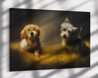 Small but brave, Framed original dogs Oil Painting Print on Canvas in Decorative Floating Gold Frame