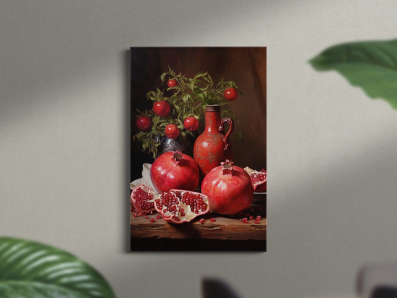 Pomegranate Still Life, Oil Painting Art Style Print on Canvas, Vintage Wall decor, Vintage Still Life, Still Life wall art, Still Life image 2