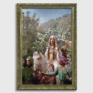 Drottning Guinevres majstavelse (John Collier), Medeltida konst, Kungliga porträtt, Historisk dekor, Konsttryck, Arthuriansk konst, Medeltida dekor Bronze frame