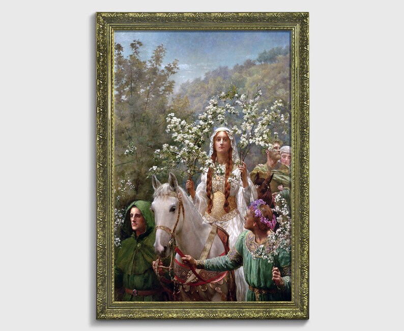 Drottning Guinevres majstavelse (John Collier), Medeltida konst, Kungliga porträtt, Historisk dekor, Konsttryck, Arthuriansk konst, Medeltida dekor Bronze frame