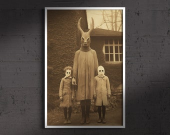 Rodzina w masce, plakat w stylu vintage fotografia sztuka wydruk, Dark Academia, gotycki wystrój domu, vintage Halloween, gotycki plakat okultystyczny