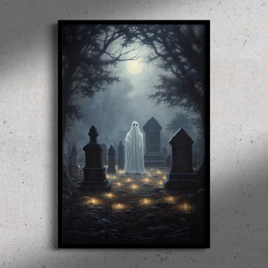 Ghost in moonlit cemetery, Vintage Poster, Art Poster Print, Dark Academia, Ghost Art, Gothic Victorian, Cottagecore