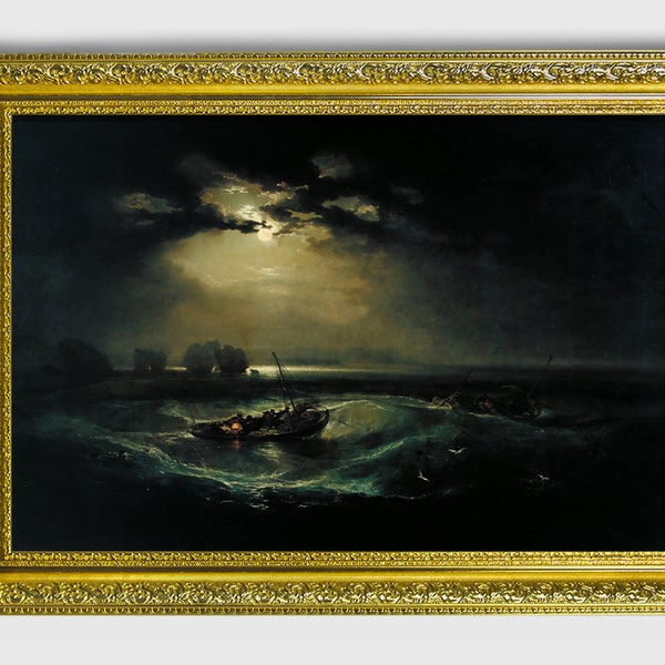 Fishermen at Sea (J. M. W. Turner), Canvas Art Reproduction, Classic Art English Romanticism Painting Framed Print in Vintage Gold Frame